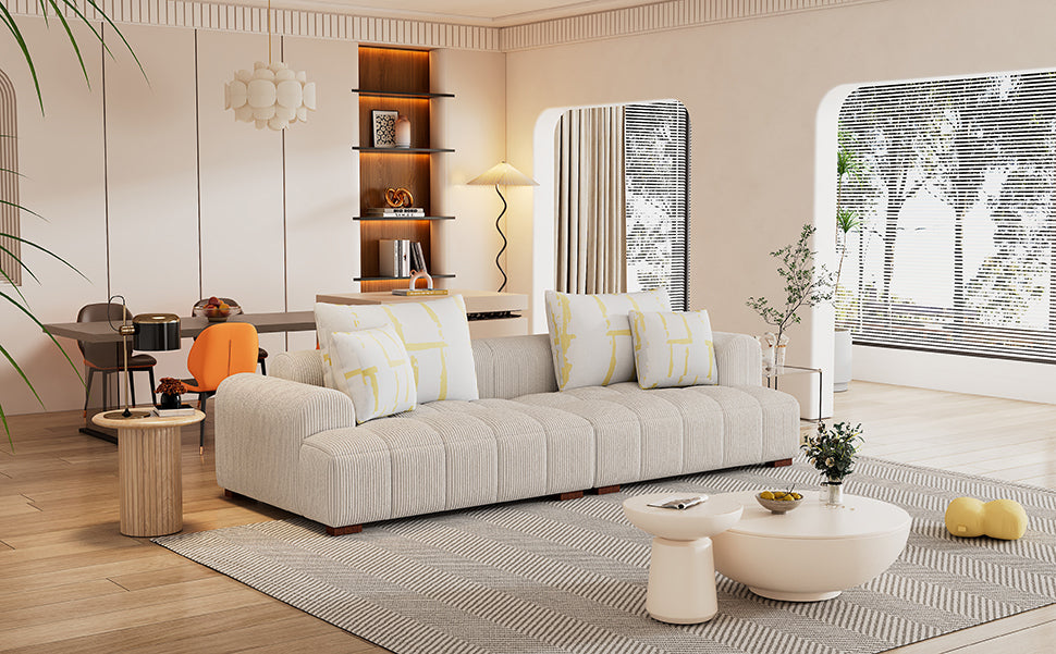 103.9" Modern Couch Corduroy Fabric Comfy Sofa with Rubber Wood Legs, 4 Pillows for Living Room, Bedroom, Office, Beige