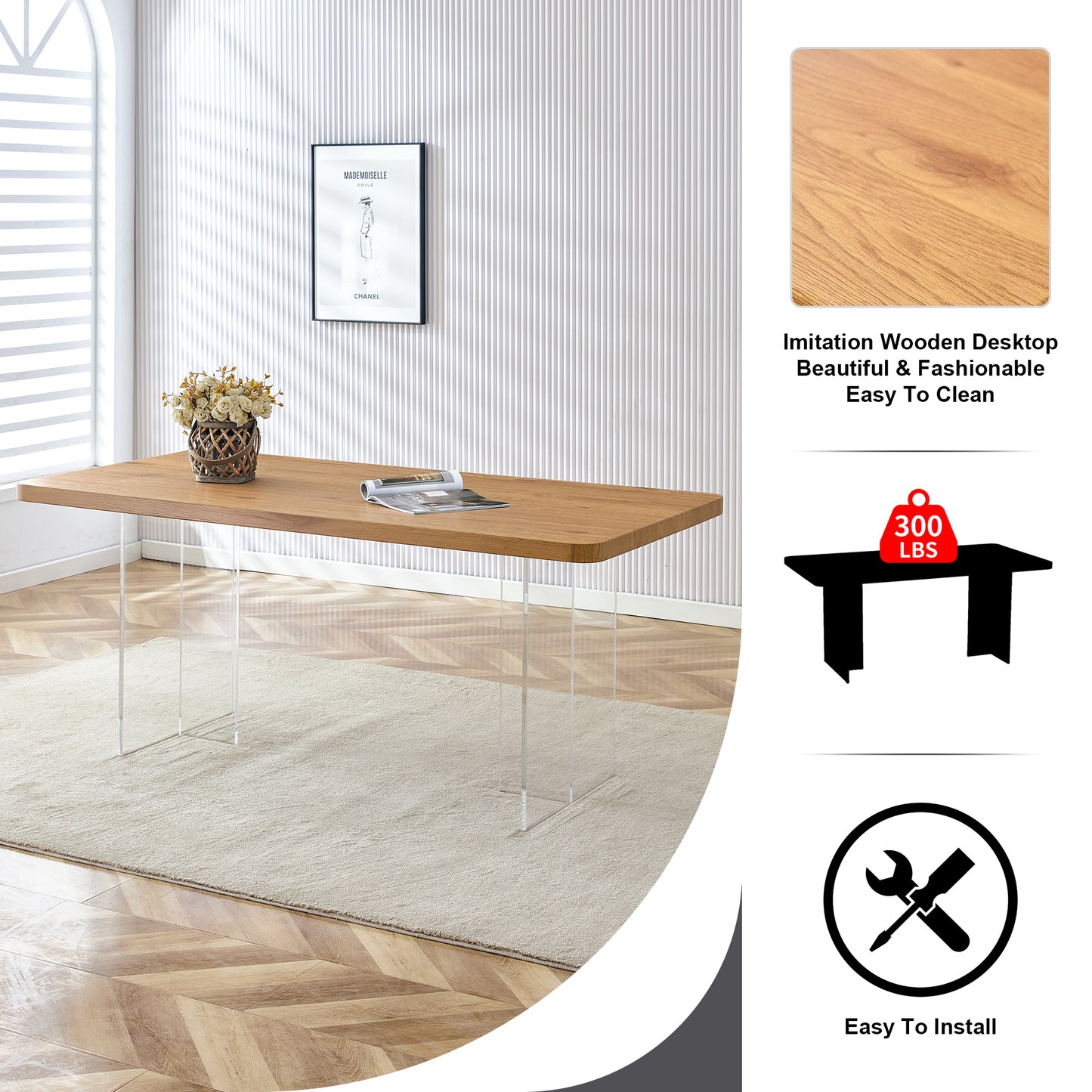 Elegant Minimalist Wooden Table with Acrylic Base - Ideal for Dining Rooms and Offices