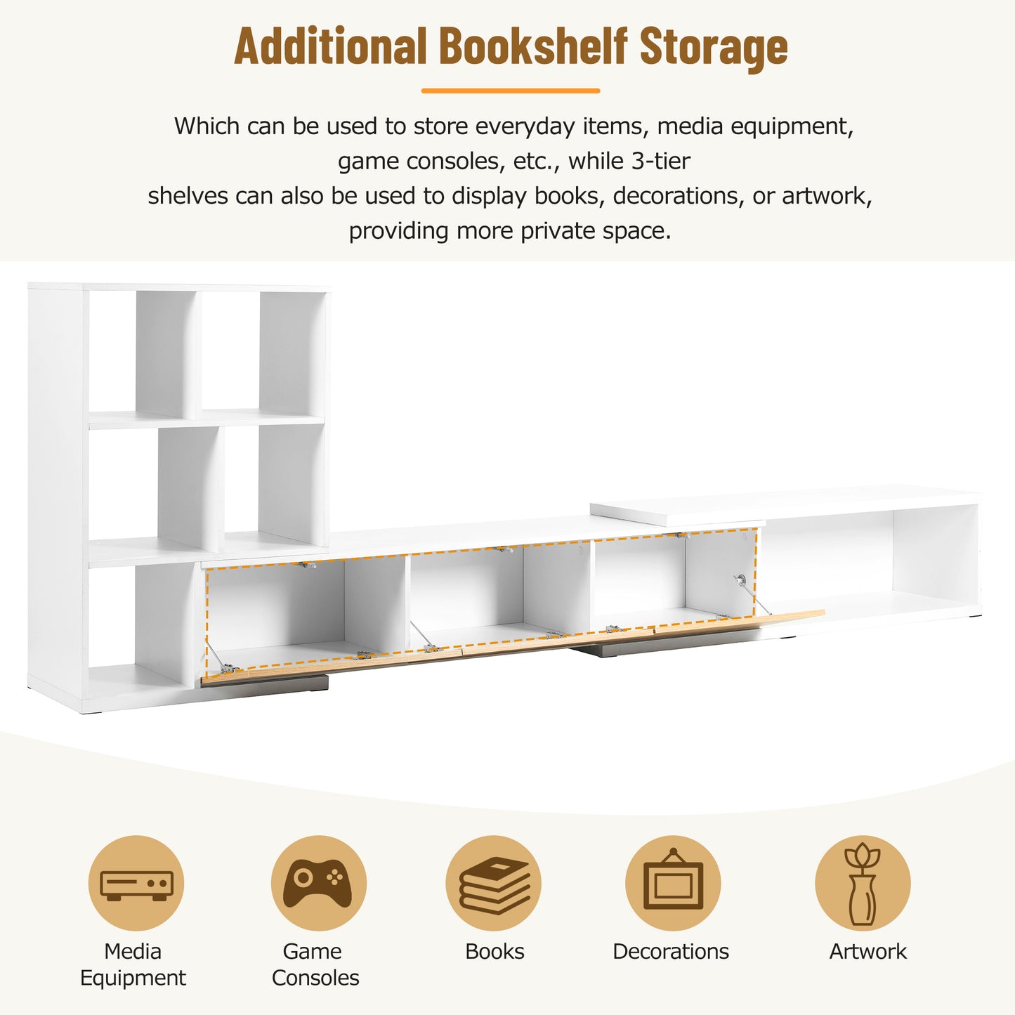 ON-TREND 74.8''-126'' Extendable TV Stand with 3 Tier Bookshelves for TVs up to 110'', Adjustable Entertainment Center with Storage Cabinets, Sliding Tabletop Media Console for Living Room, White