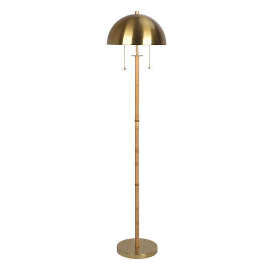 Modern 2-Light Floor Lamp - Gold Brass with Natural Rattan Tube and Double On/Off Pull Chain