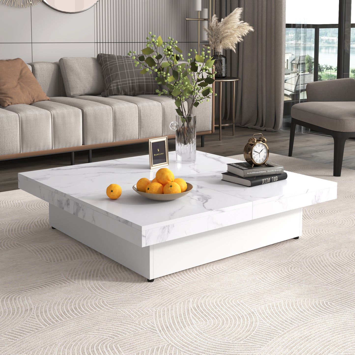 Square Marble Veneer Coffee Table Sliding Top with Storage in White 39.4''