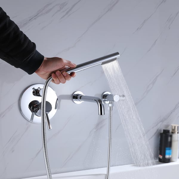 Modern Wall-Mount Swivel Bathtub Filler Faucet with Handshower in Polished Chrome