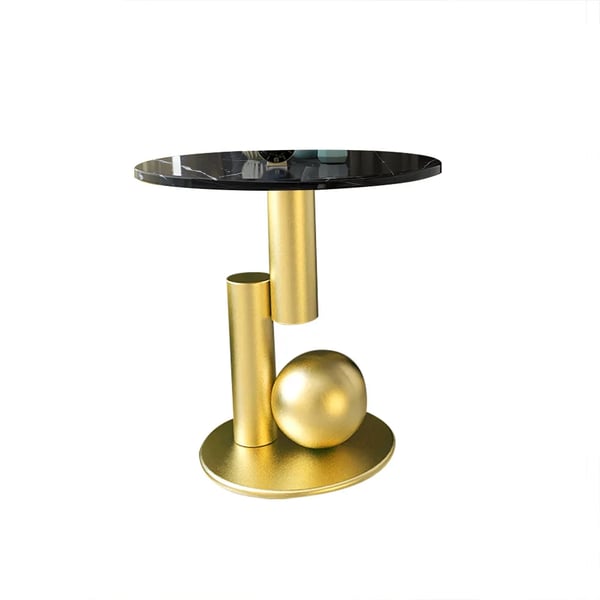 Modern Black End Table Round Marble Stone Top with Abstract Metal Base