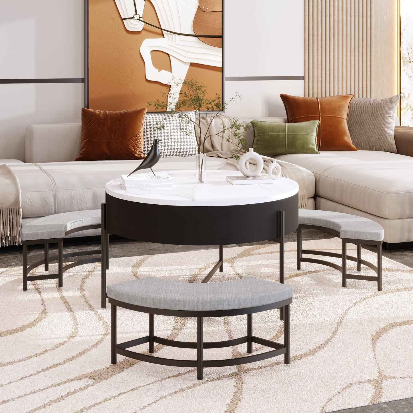 Modern Round Lift-Top Coffee Table with Storage & 3 Ottoman White & Black