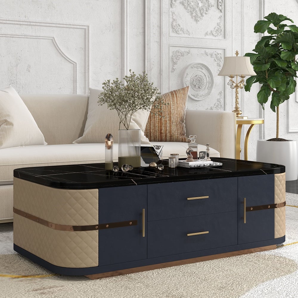 Modern Marble Coffee Table with Storage in Black