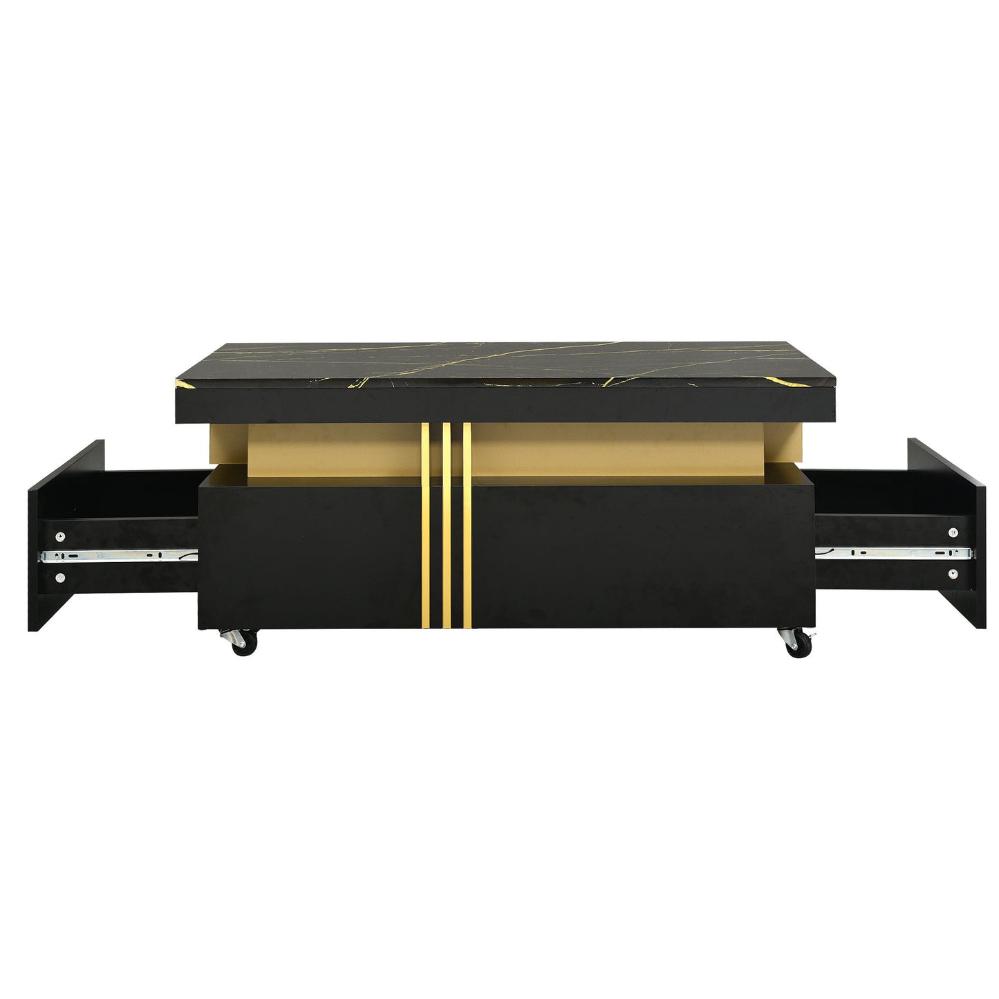 [VIDEO provided] ON-TREND Contemporary Coffee Table with Faux Marble Top, Rectangle Cocktail Table with Caster Wheels, Moderate Luxury Center Table with Gold Metal Bars for Living Room, Black