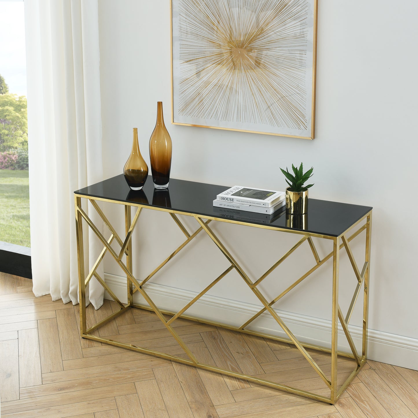 Modern Glass Console Table, 55" Gold Sofa Table with Sturdy Metal Frame and Black Tempered Glass Top, for Living Room Entryway Bedroom, Gold Finish