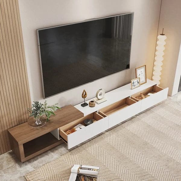 Modern TV Stand Retracted and Extendable 3-Drawer Media Console for TV Up to 80 Inch