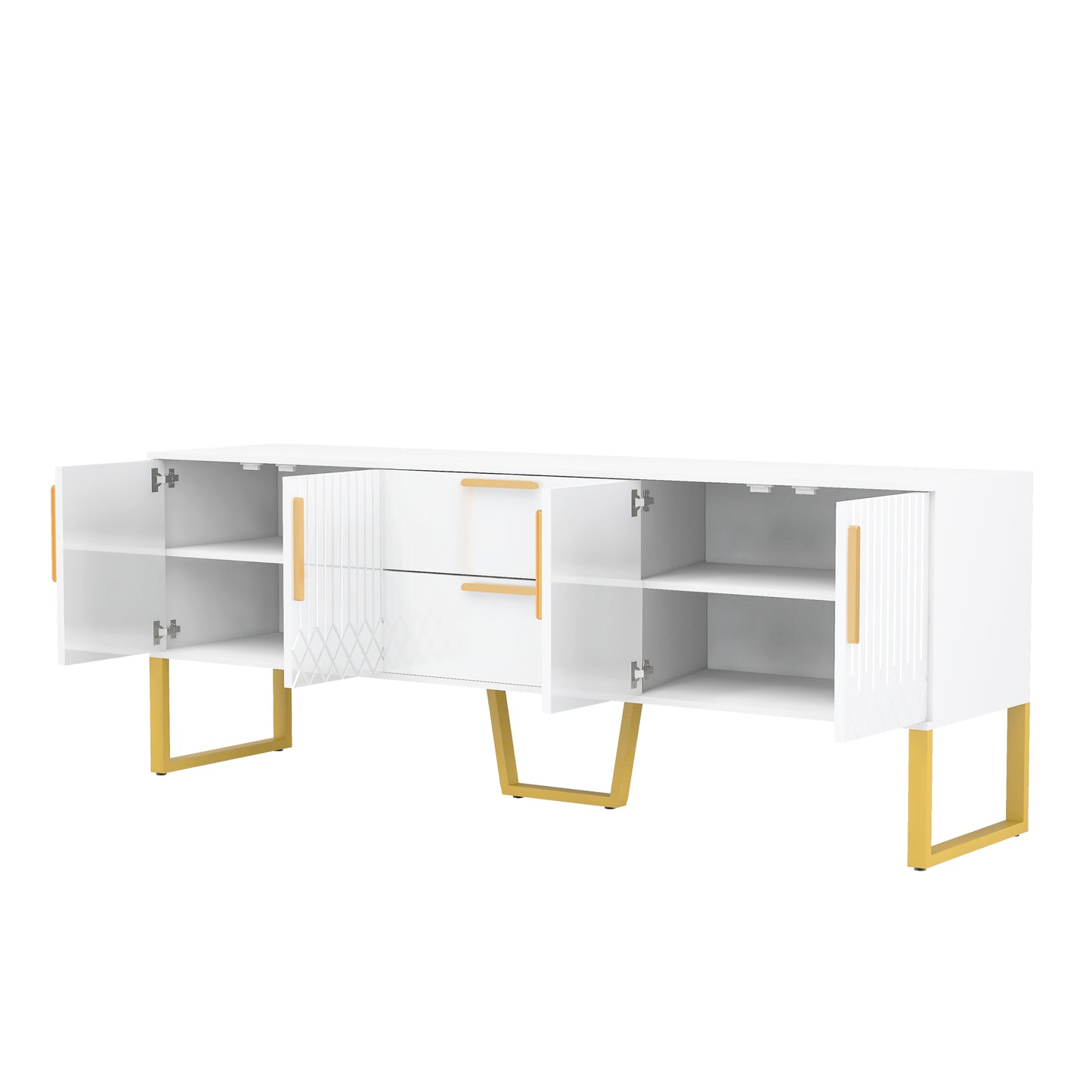 U-Can Modern TV Stand for TVs up to 75 Inches, Storage Cabinet with Drawers and Cabinets, Wood TV Console Table with Metal Legs and Handles for Living room, White