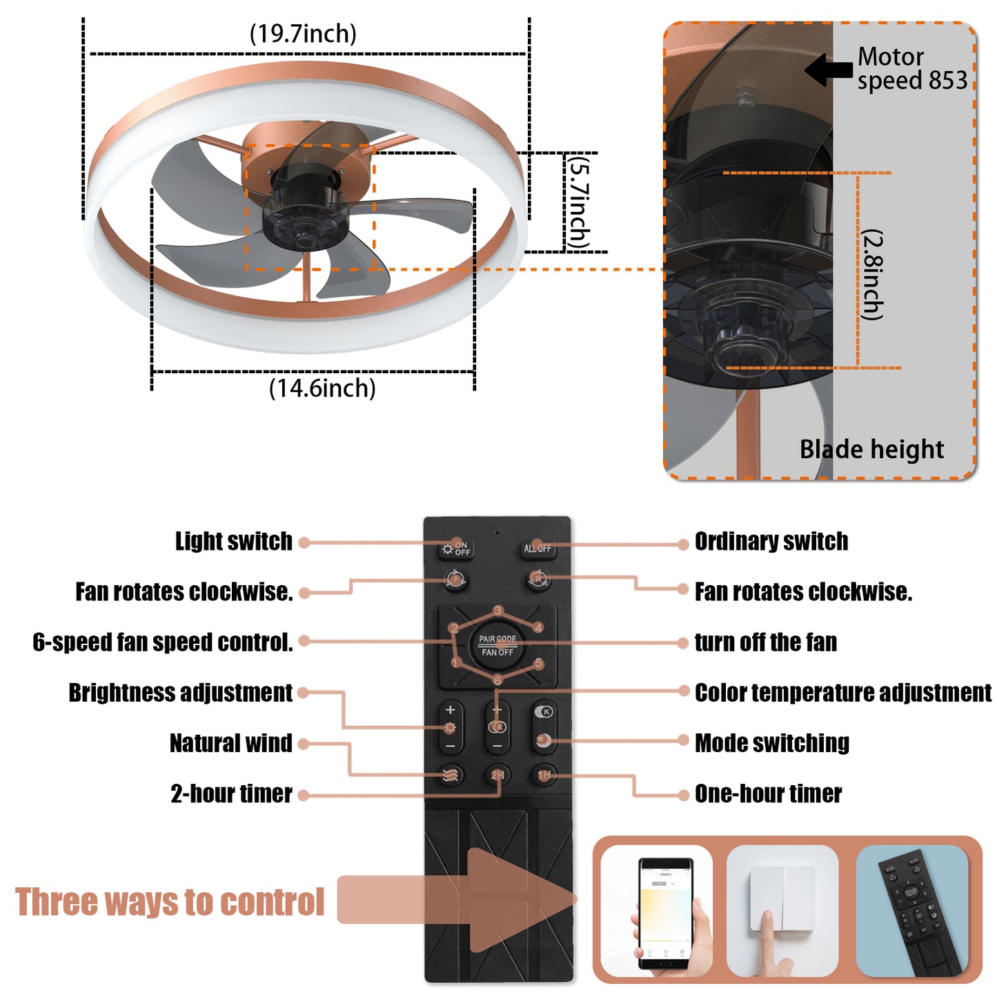 Sleek Rose Gold Ceiling Fan with Dimmable LED Lights - Embedded Installation for a Modern Look