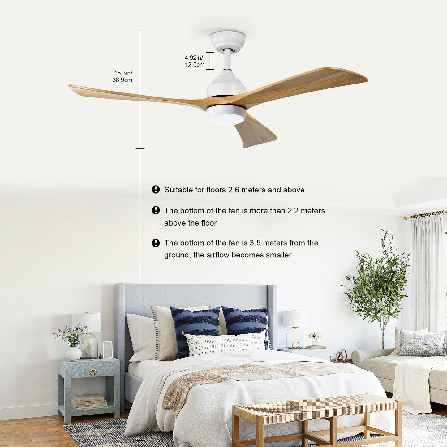 52"  Ceiling Fan with Lights Remote Control,Quiet DC Motor 3 Blade Ceiling Fans 6 Speed Levels,Reversible Ceiling Fan,  for Patio Living Room, Bedroom, Office,Indoor.(White +Natural)