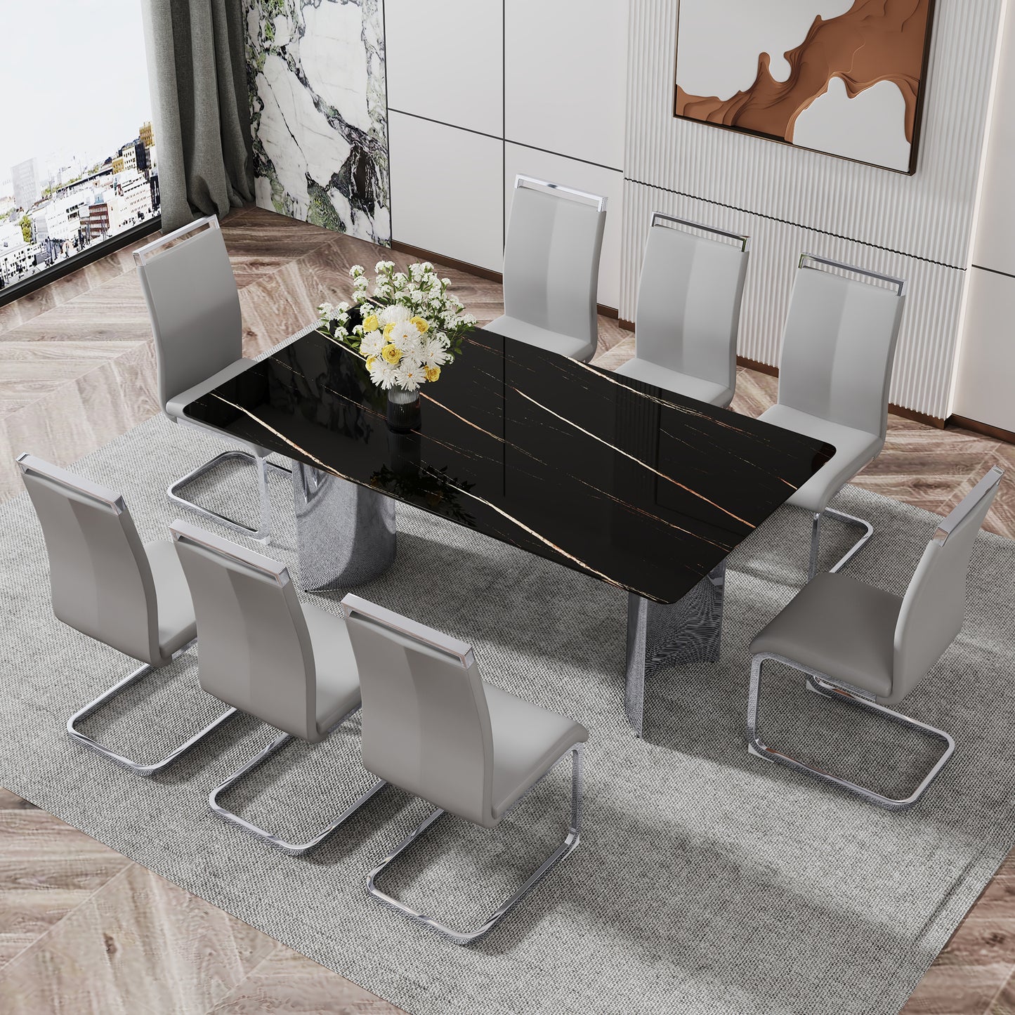 Modern minimalist dining table. The black imitation marble glass desktop is equipped with silver metal legs. Suitable for restaurants and living rooms 71 "* 39.3" * 29.5 "DT-69