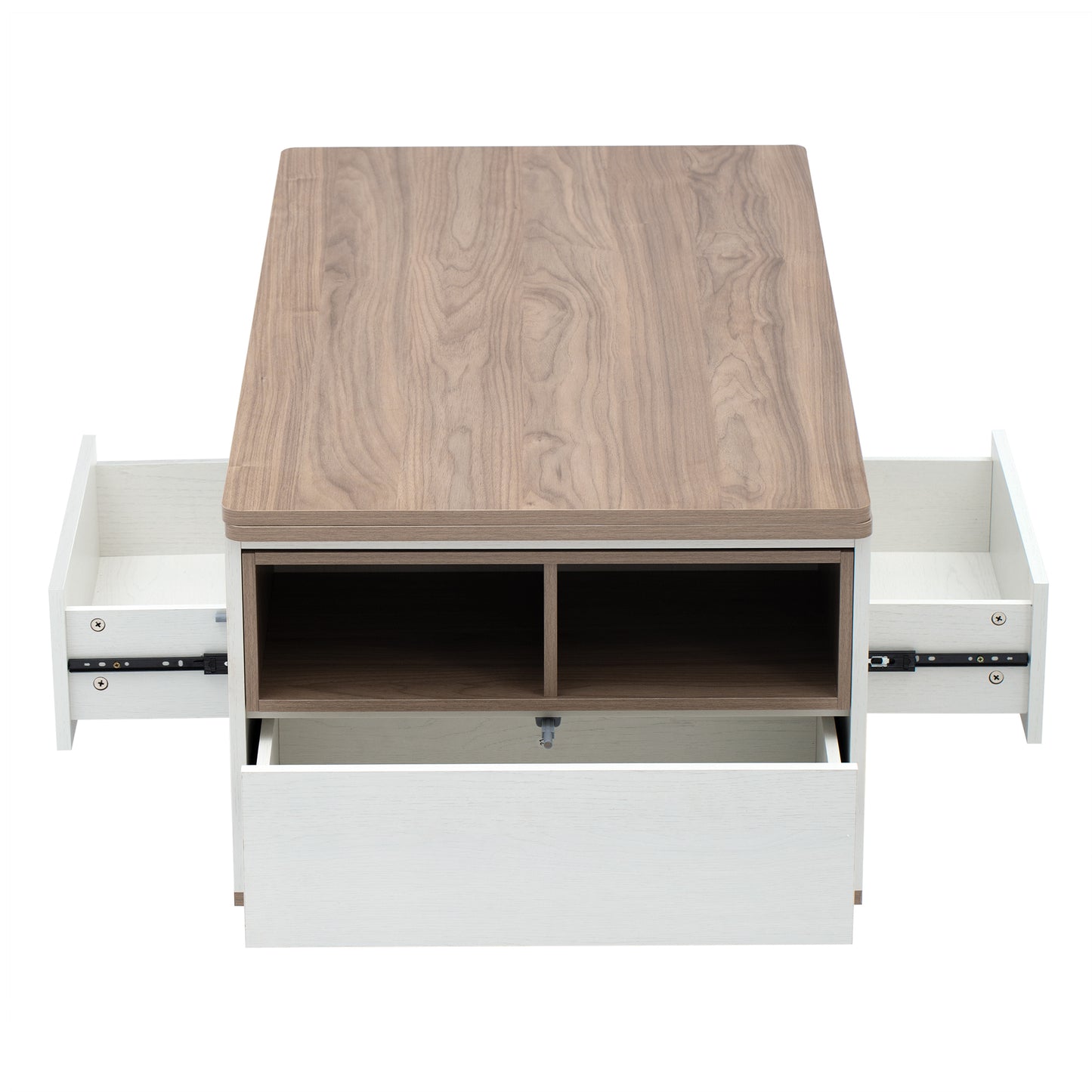 Modern Walnut & White Lift Top Coffee Table Multifunctional Table with Drawers & Shelves