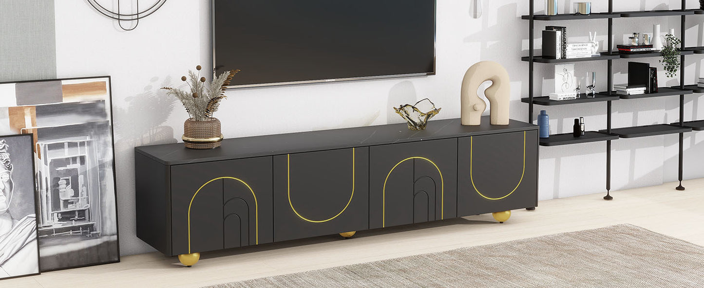 U-Can Modern TV Stand for TVs up to 75 Inches, Entertainment Center with Storage Cabinets and 1 Adjustable Shelf, Media Console with Marble-patterned Top and Golden Round Metal Legs for Living room