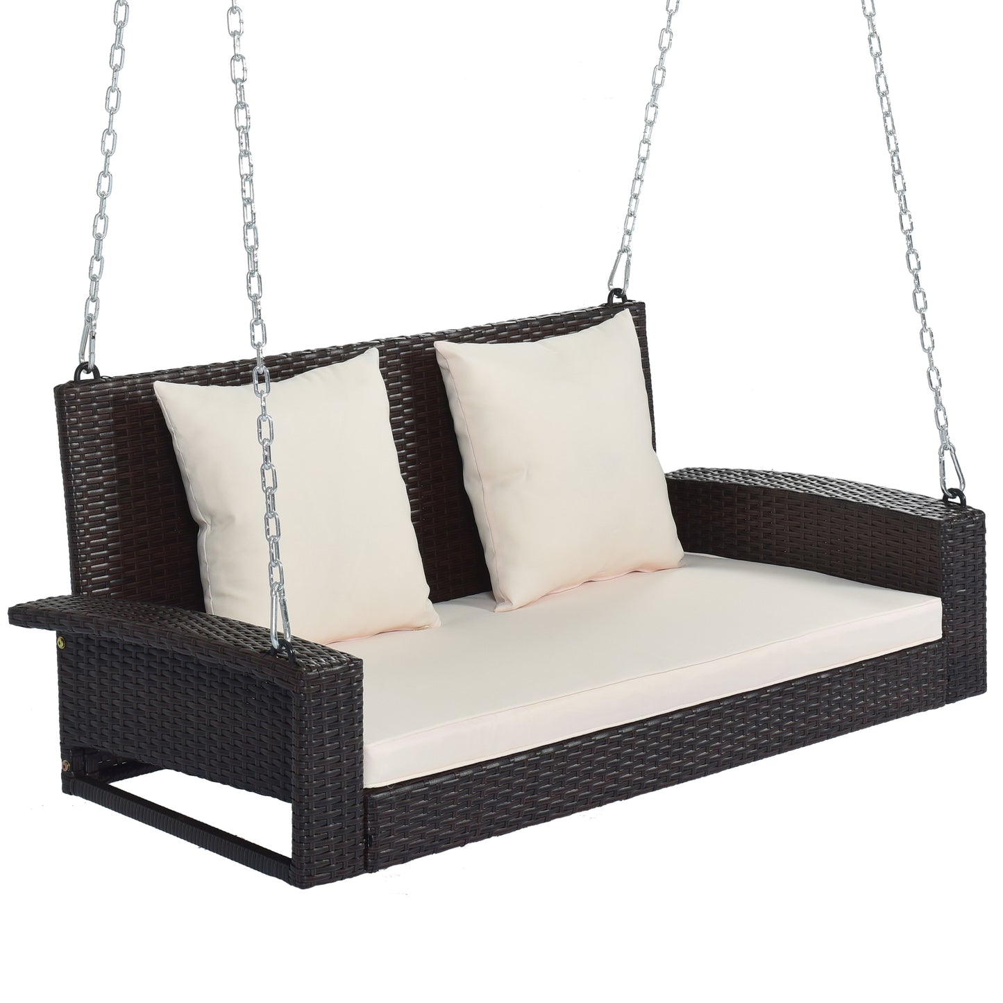 GO Balançoire de porche suspendue en osier pour 2 personnes avec chaînes, coussin, oreiller, banc de balançoire en rotin pour jardin, cour, étang. (Osier marron, coussin beige)