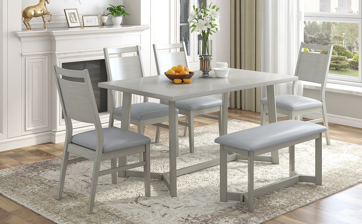 TOPMAX Farmhouse Ensemble de table de salle à manger en bois 6 pièces avec 4 chaises et banc rembourrés Gris