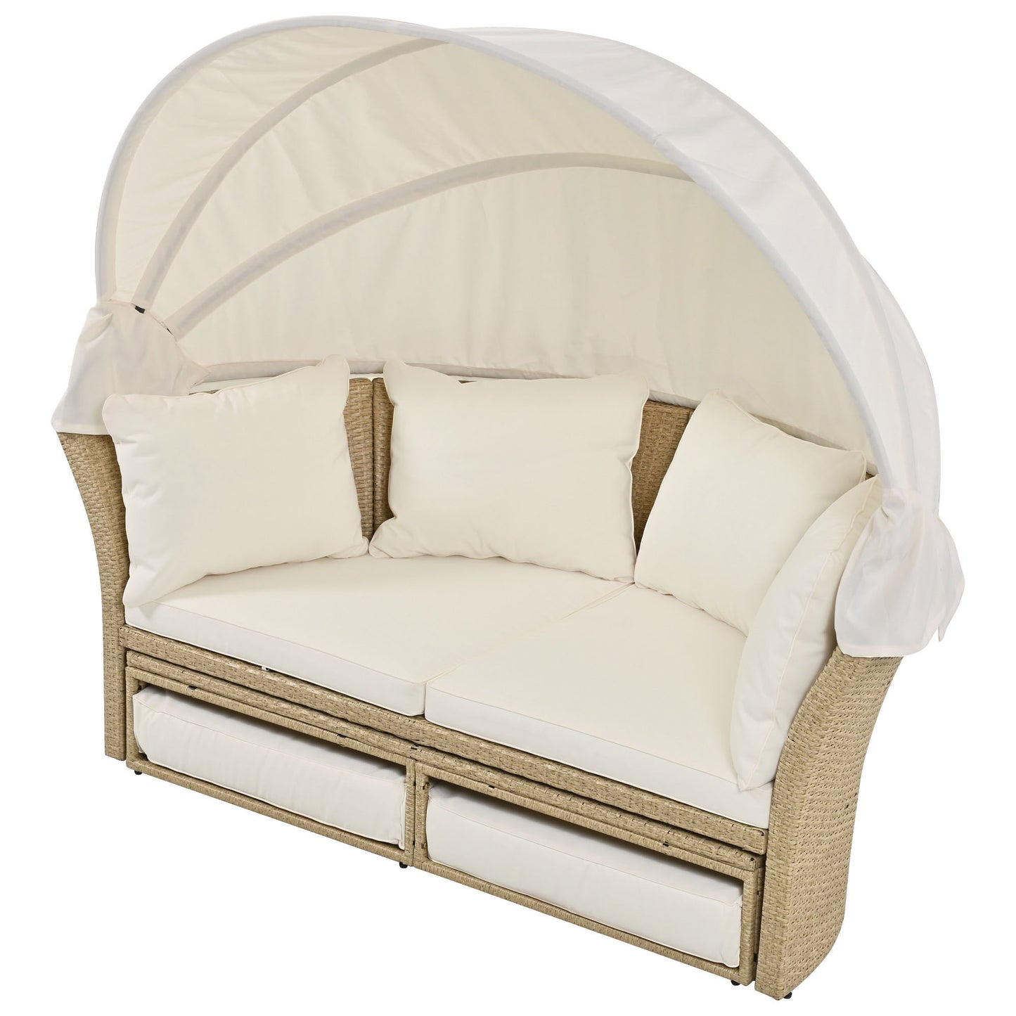 Lit de repos extérieur en osier et rotin, ensemble de meubles de canapé rond avec auvent rétractable, 4 oreillers pour pelouse, jardin, arrière-cour, porche, piscine, beige