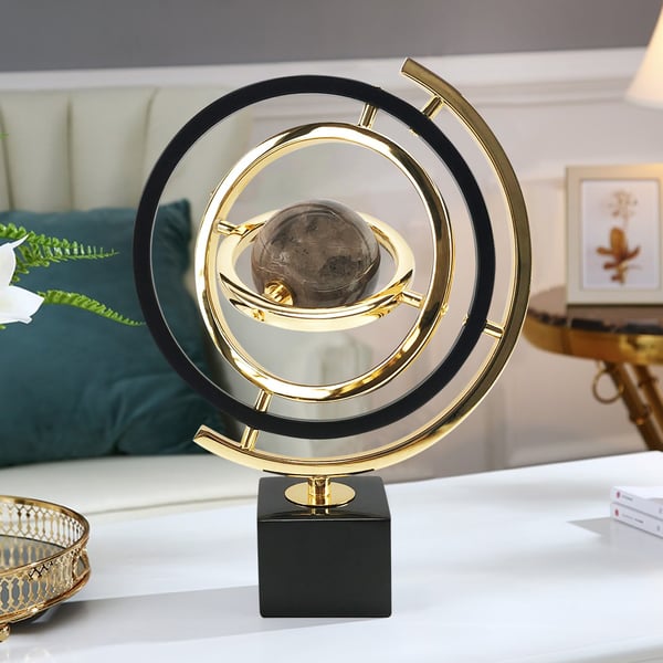 Modern Abstract Metal Black & Gold Globe Ornament Sculpture Decor with Rectangle Stand