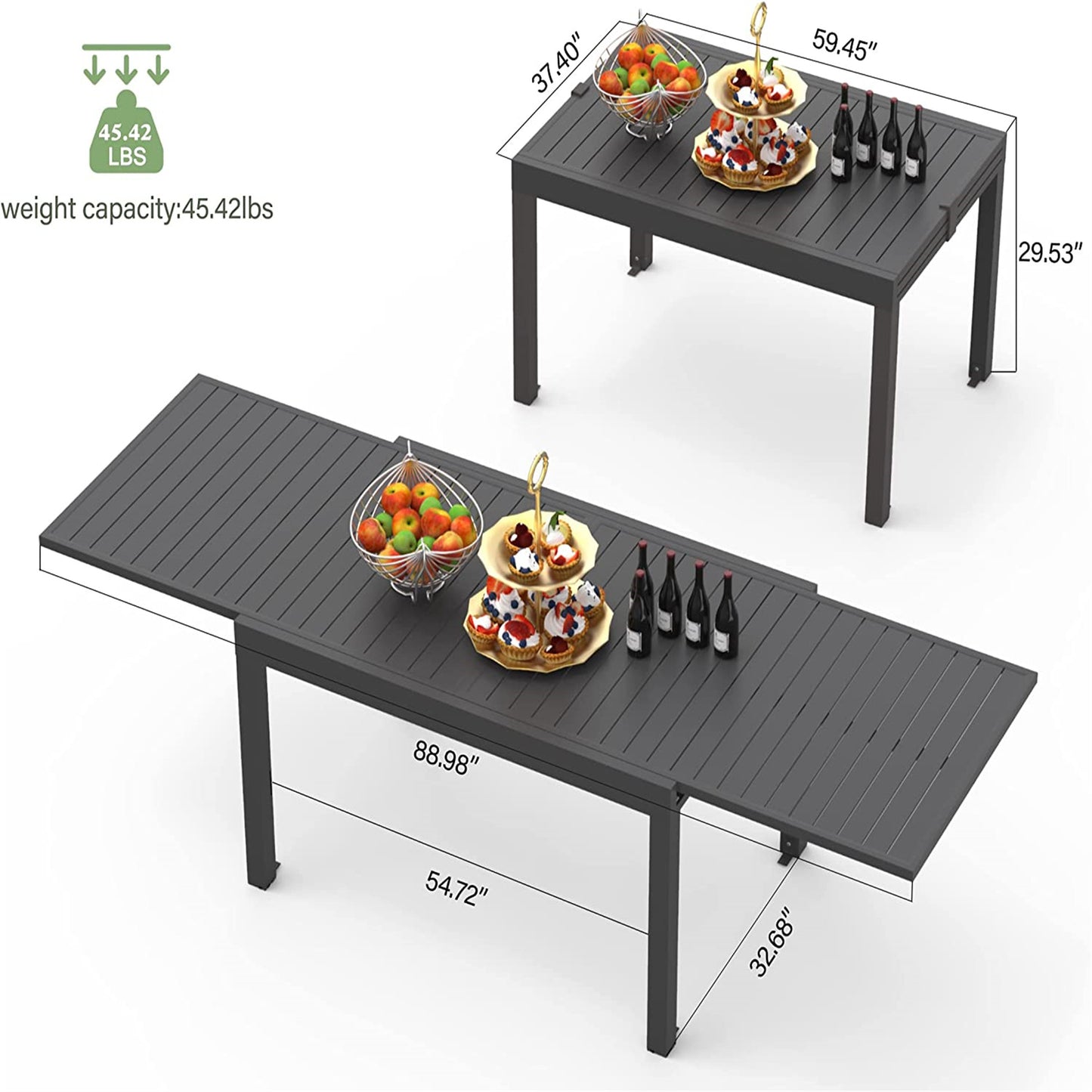 Table de salle à manger extensible en métal et aluminium pour 6 à 8 personnes, table rectangulaire pour jardin, pelouse, porche, bistro (noir, 1 table)