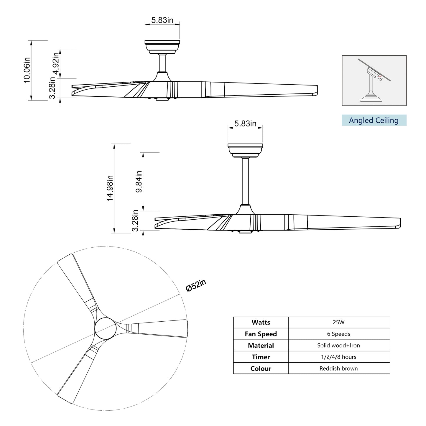 52" Ceiling Fan with Remote Control No Lights,Modern Reversible DC Motor Indoor 3 Blades Ceiling Fans for Patio Bedroom Living Room