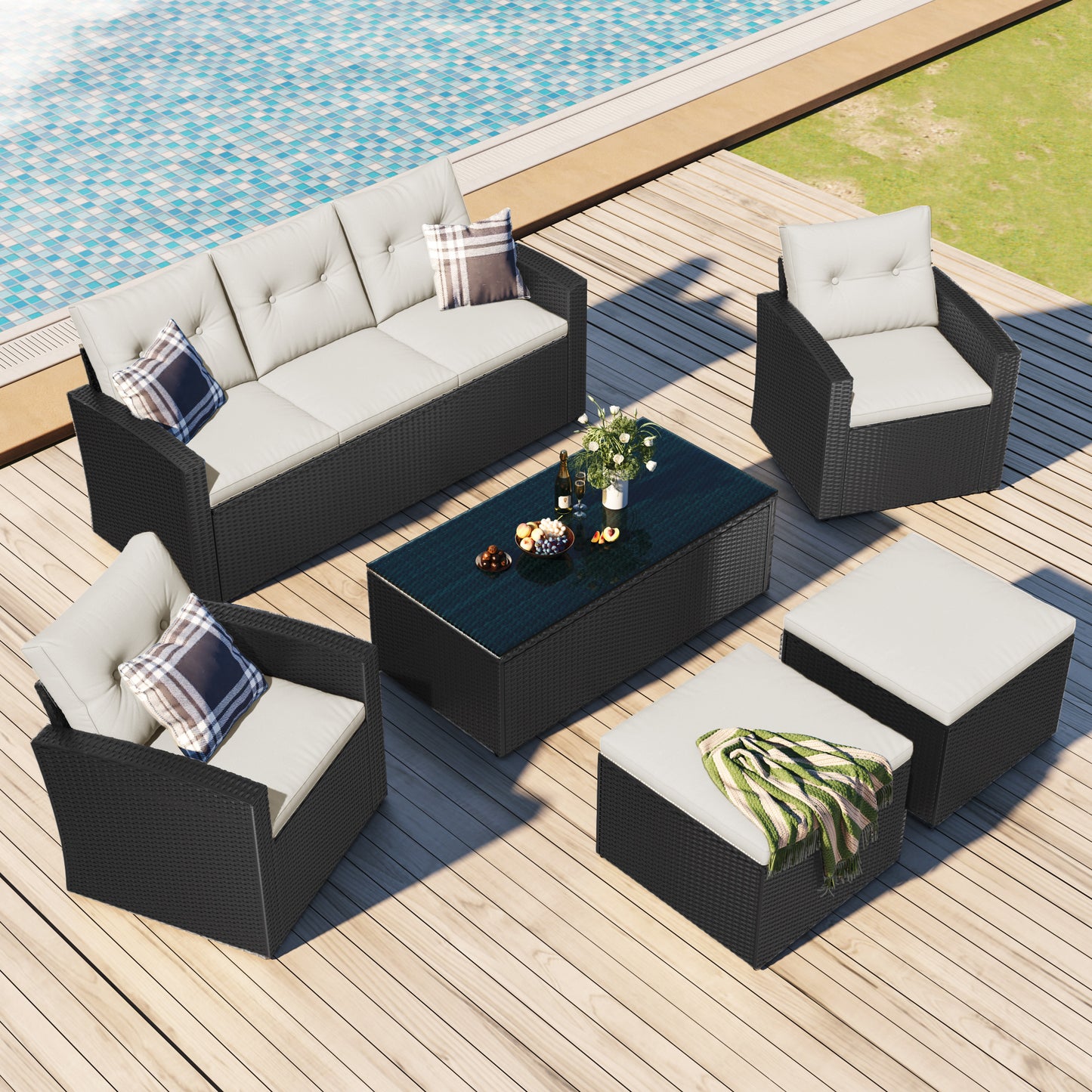 GO Ensemble sectionnel de conversation en osier PE 6 pièces résistant aux intempéries pour patio, salle à manger en plein air, avec table basse, canapés en osier, poufs et coussins amovibles (osier noir, coussin beige)