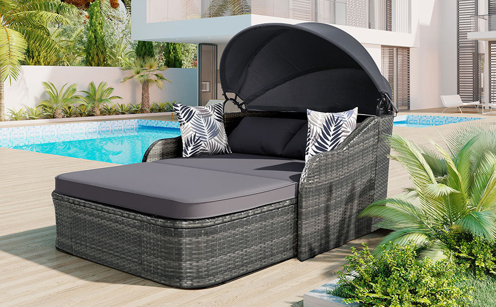 79.9” Outdoor Sunbed with Adjustable Canopy: Double Lounge PE Rattan Daybed in Gray Wicker with Comfortable Cushions for Ultimate Relaxation