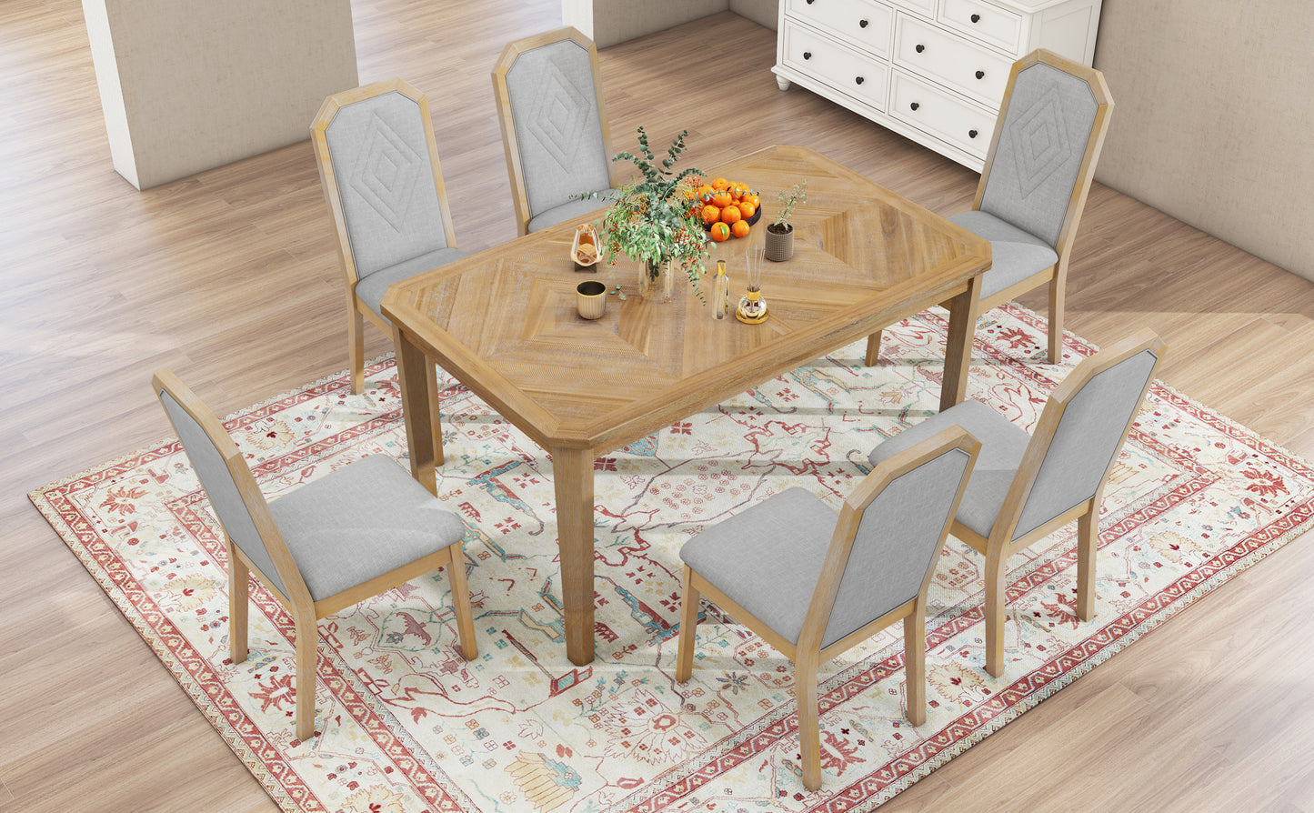 TREXM 7-Piece Farmhouse Dining Set Classic Rustic Table and 6 high-back design Chairs for Dining Room, Kitchen (Natural Wood Wash)