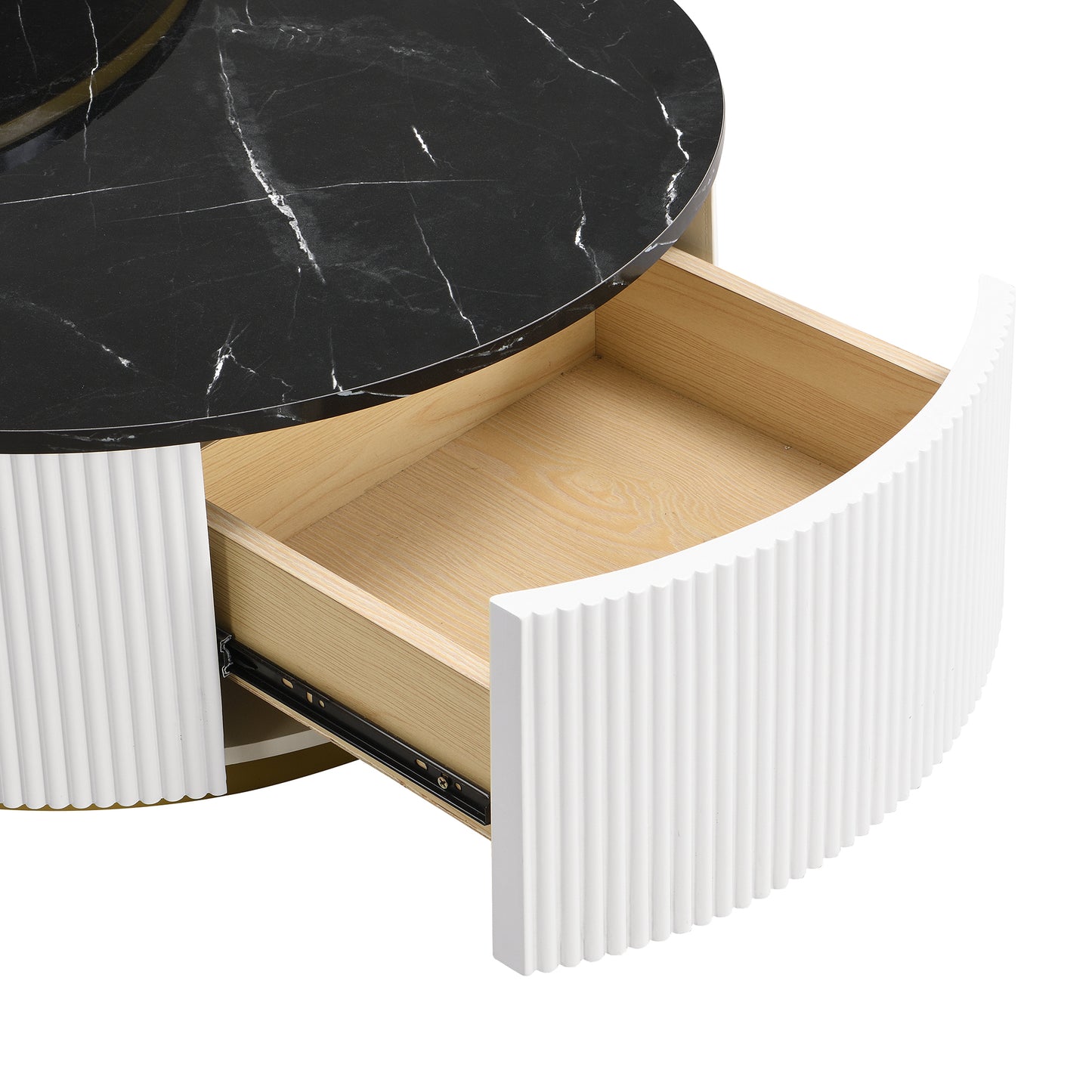 Modern Round Nesting Coffee Table Fluted with Drawer in Black & Gold in 31.5''