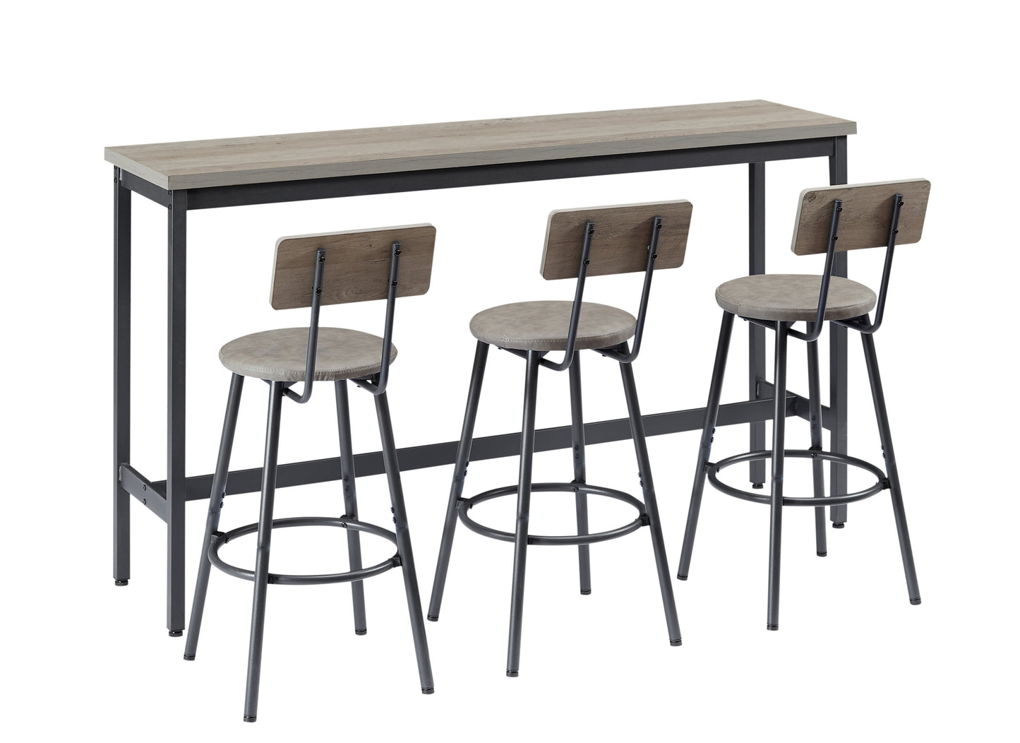 Ensemble de table de bar longue avec 3 tabourets de bar rembourrés en PU, table de bar industrielle et chaises pour table de petit-déjeuner de cuisine, salon, salle de banquet, gris rustique et noir, 63"L x 15,7"l x 37,5"H