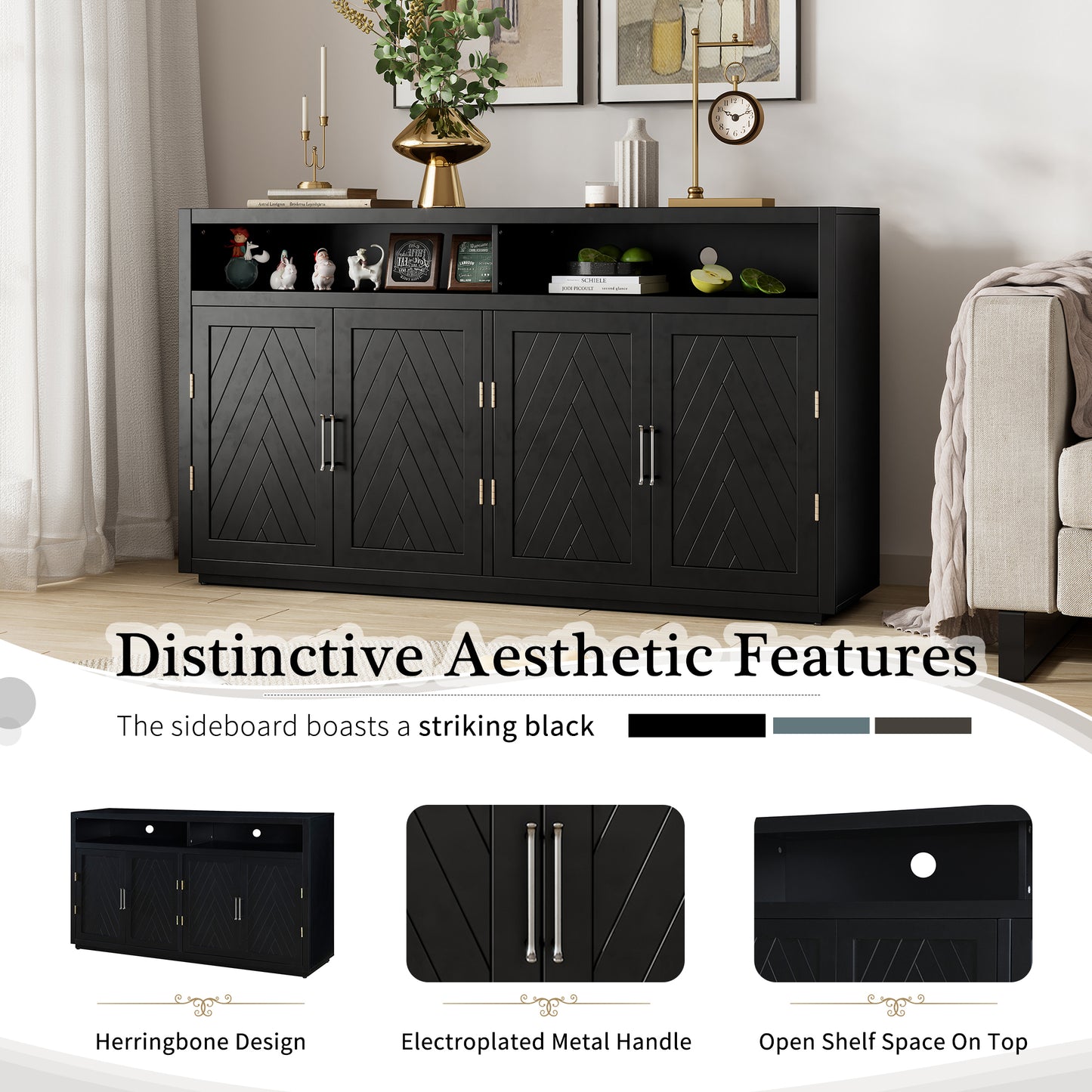 TREXM 4-door Classic Sideboard with Open Storage and Adjustable Shelves Perfect for kitchens,  living rooms (Black)