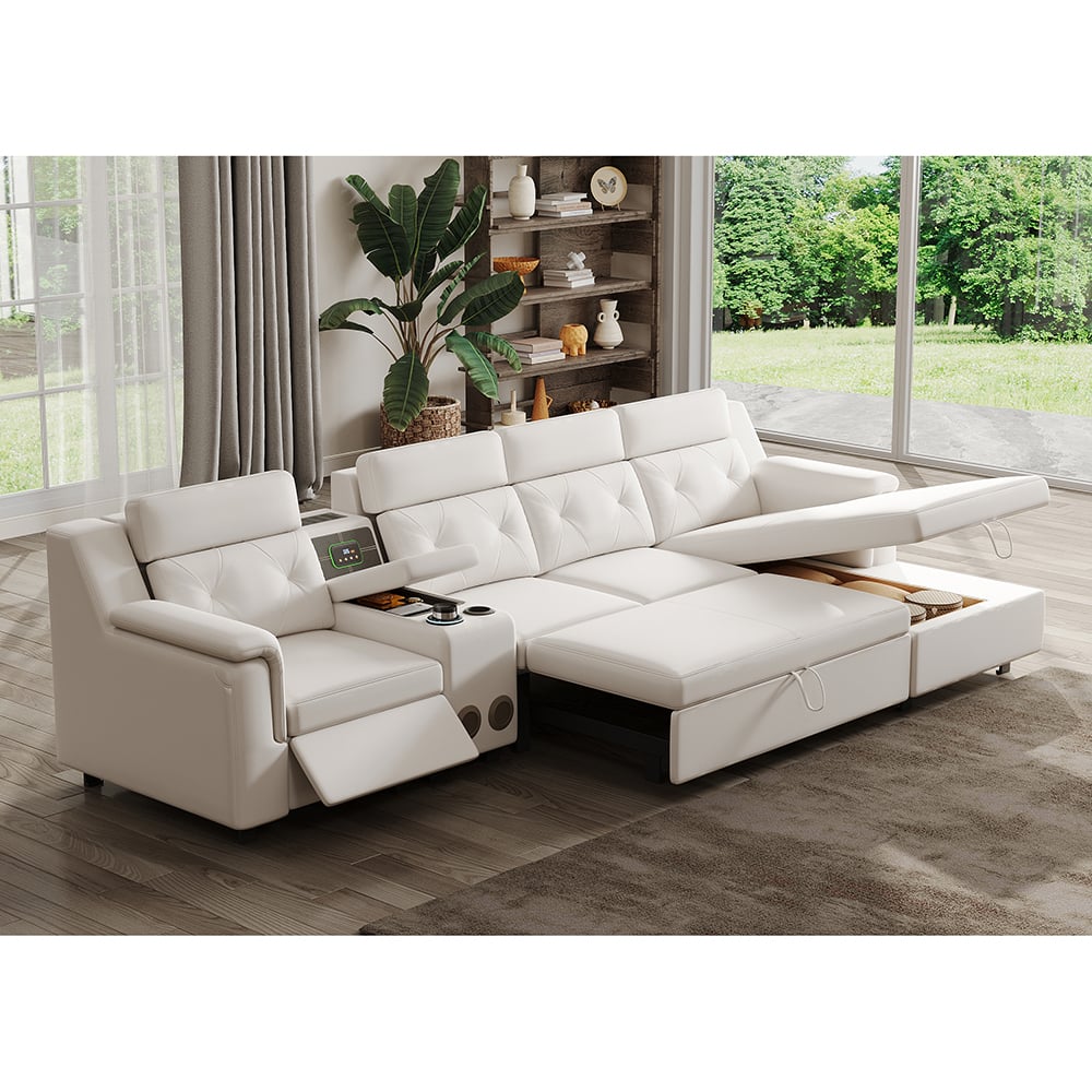 134.6" White Power Reclining Sectional Sofa Pull Out Bed Cup Holder & Speaker & Storage