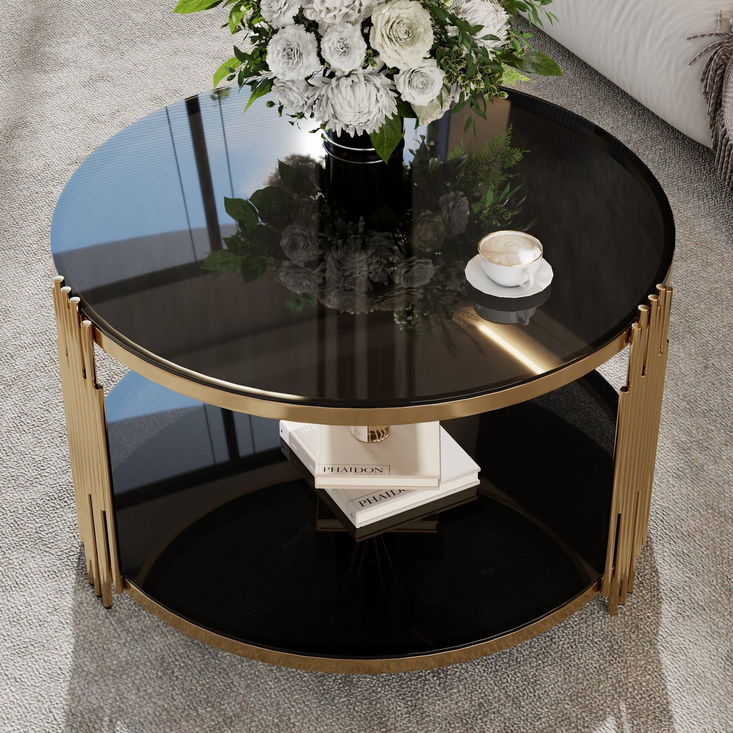 Modern Black Mirror Coffee Table, Asymmetrical Metal, Circular Metal Drum Base, Gold Finish & Lower Shelf