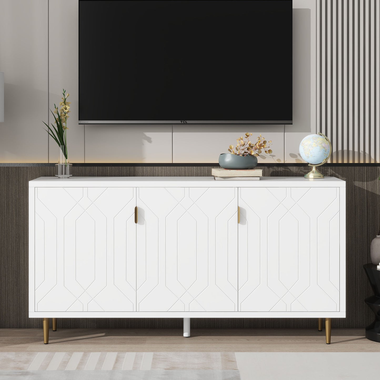 U-Can Modern TV Stand with 3 Doors and Adjustable Shelves for Living Room, Fits TVs Up to 70 Inches, White