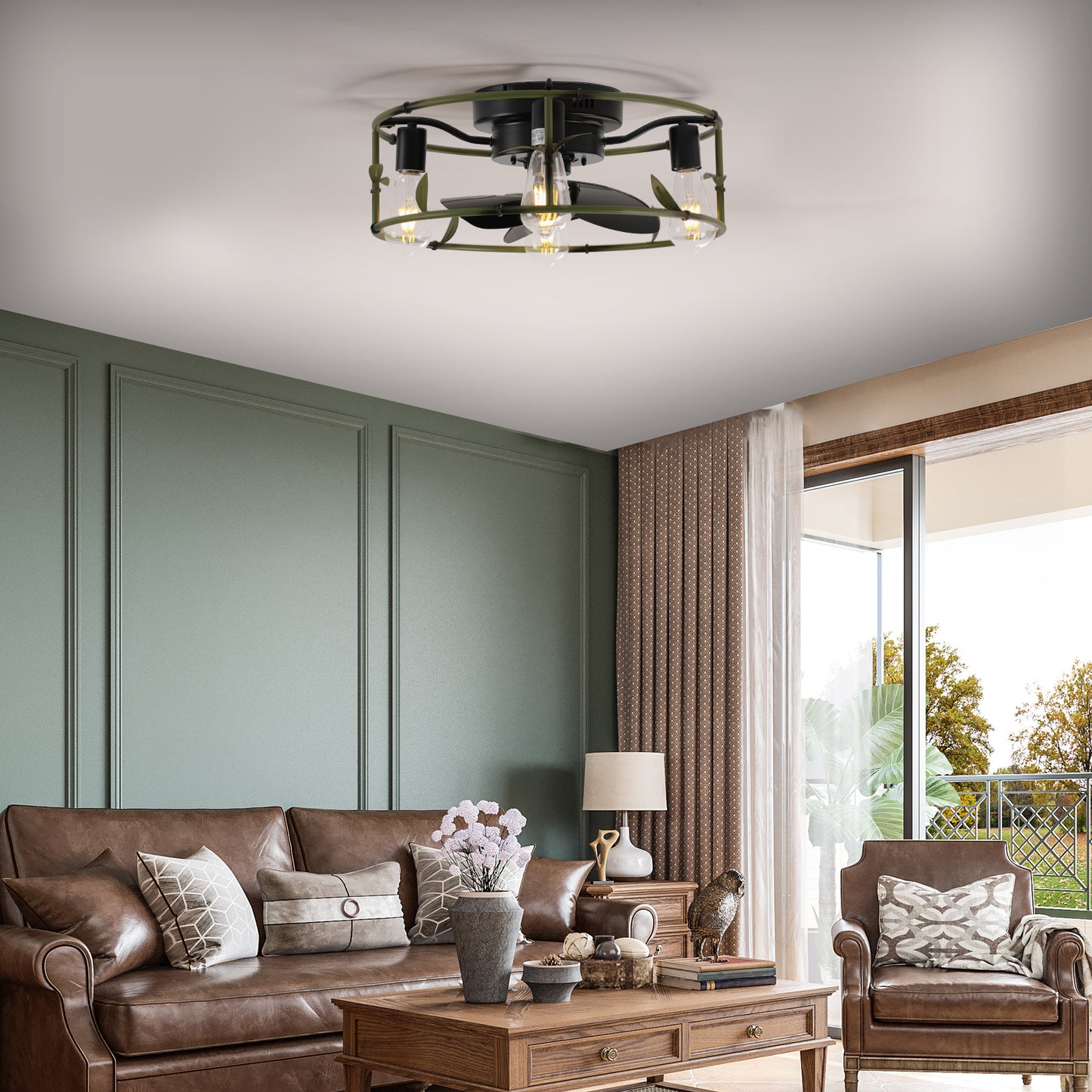 Flush Mount Green Caged Ceiling Fan with Remote - Stylish Metal Fan with Lights