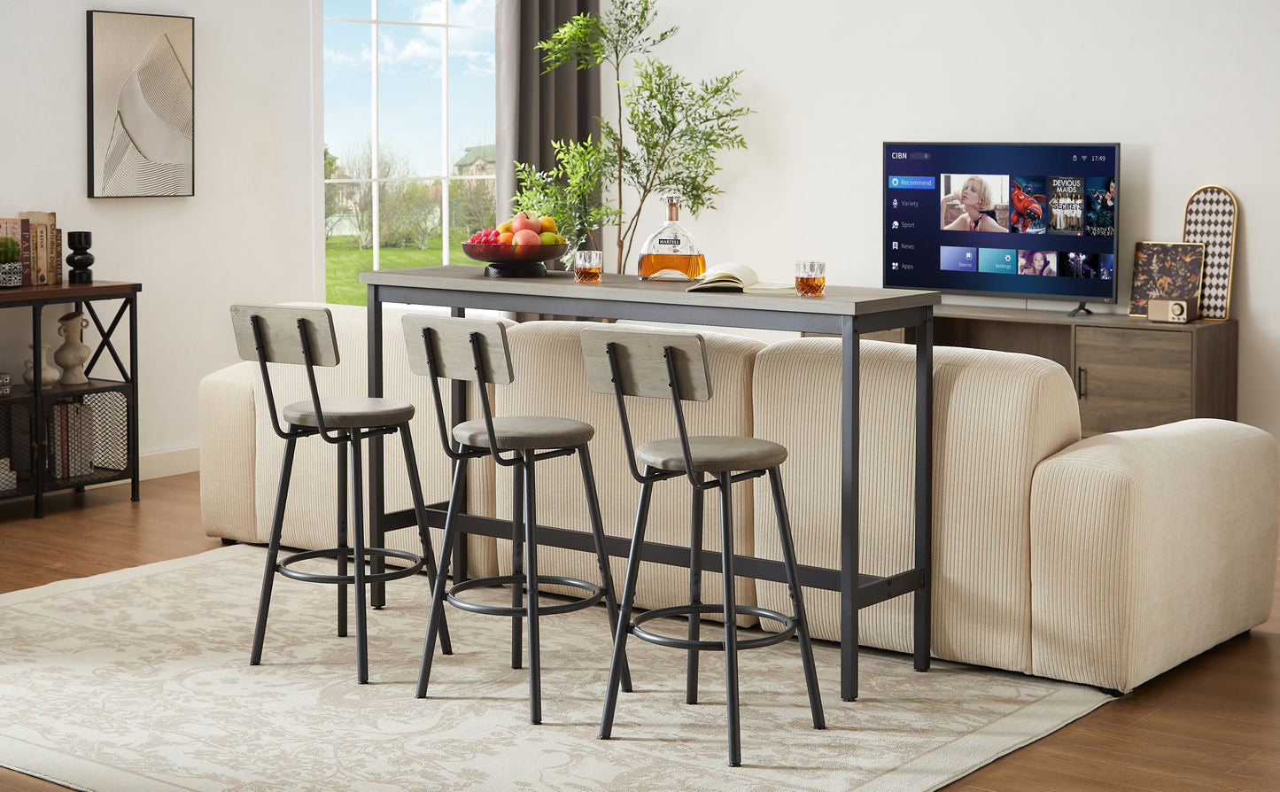 Long Bar Table Set with 3 PU Upholstered Bar Stools, Industrial Bar Table and Chairs for Kitchen Breakfast Table, Living Room, Banquet Hall, Rustic Gray and Black, 63″L x15.7"W x 37.5"H