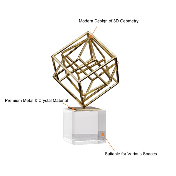 Modern Gold Metal 3D Geometry Ornament Figurine Sculpture Decor Art with Crystal Stand