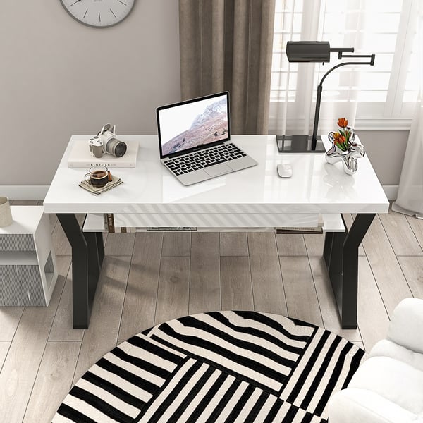 White Rectangular Writing Desk Computer Desk with Shelf & Keyboard Tray