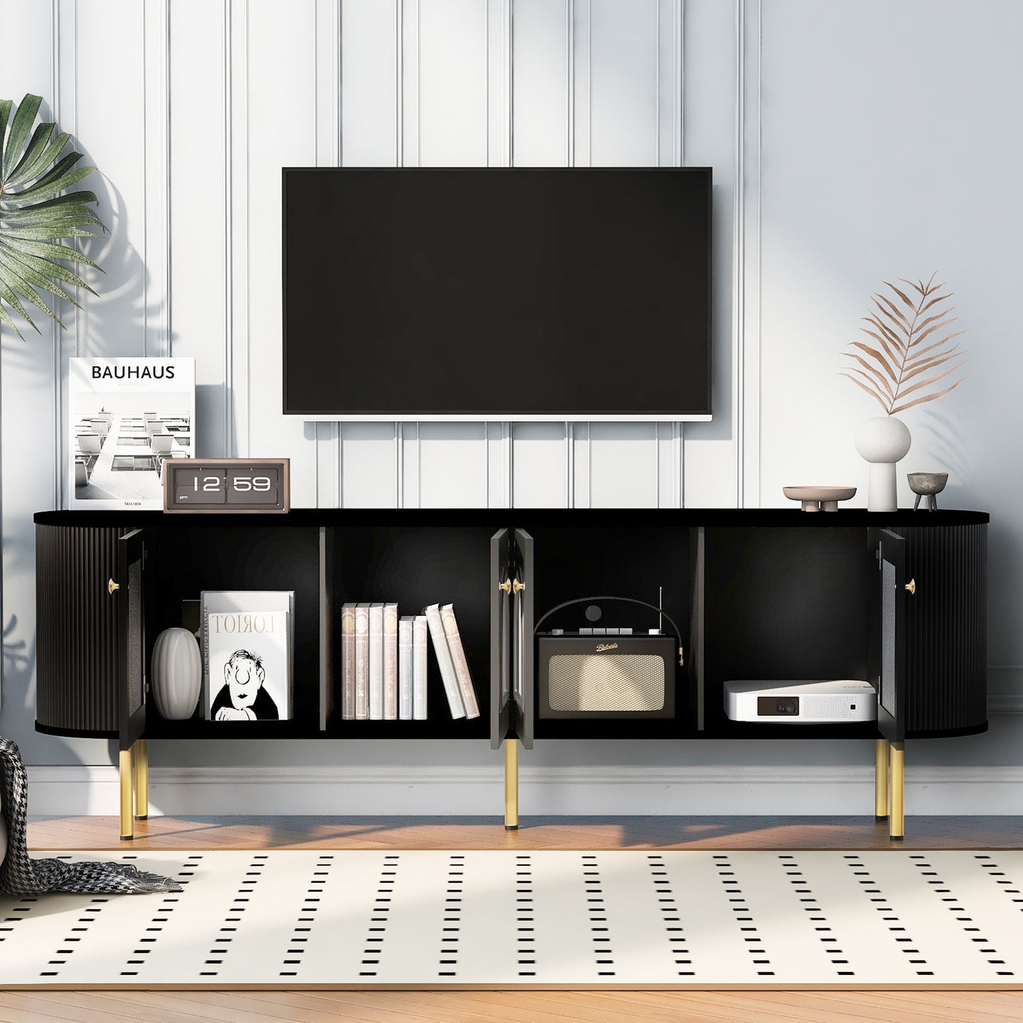 U-Can Modern TV Stand for TVs up to 80 Inches, Entertainment Center with 4 Cabinets, Wood Media Console with Metal Legs and Handles for Living room, Black