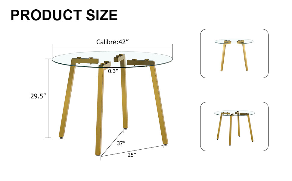 Modern Minimalist Circular Transparent Tempered Glass Table with Golden Metal Legs - Perfect for Kitchen, Dining Room