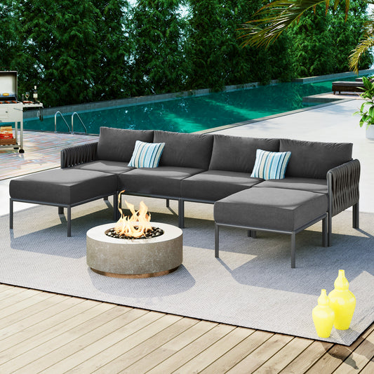 GO 6-Pieces Aluminum Patio Furniture Set, Modern Metal Outdoor Conversation Set Sectional Sofa With Removable Olefin Extra Thick Cushions 5.9" Cushion, Grey