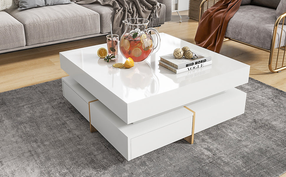 ON-TREND Modern High Gloss Coffee Table with 4 Drawers, Multi-Storage Square Cocktail Tea Table with Wood Grain Legs, Center Table for Living Room, 31.5''x31.5'', White