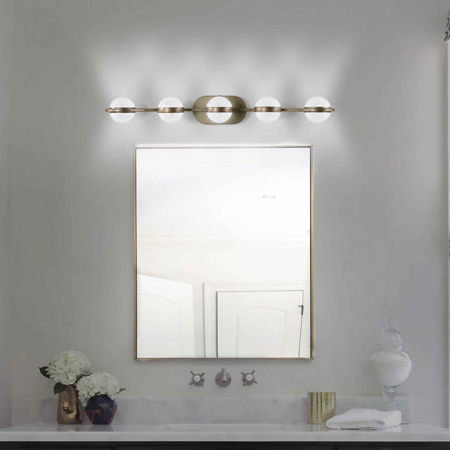 Champagne Gold Bathroom Vanity Light - 5-Bulb LED Wall Mounted Decorative Lighting with Frosted Glass Shades