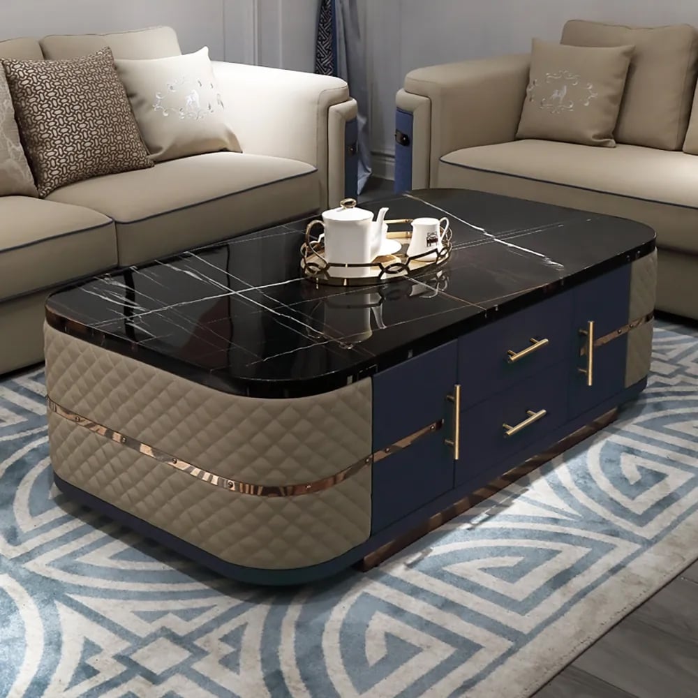 Modern Marble Coffee Table with Storage in Black