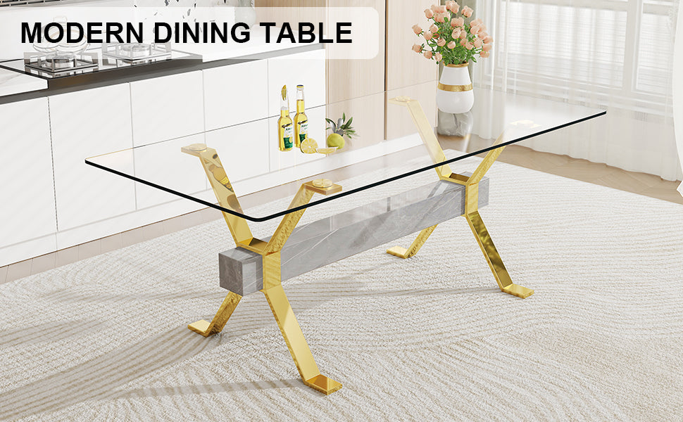 Dining table. Modern tempered glass dining table. Large modern office desk with gold plated metal legs and MDF crossbars, suitable for both home and office use. Kitchen. 79 ''x39''x30 '' 1105