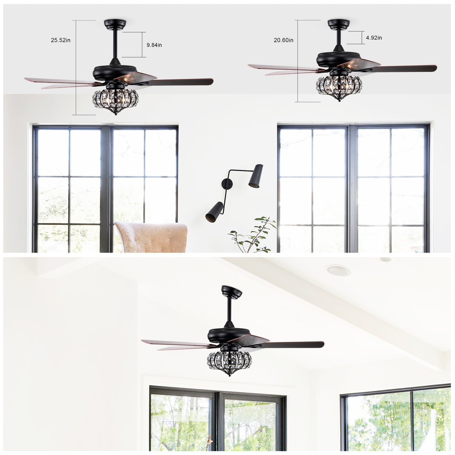 Elegant 52" Ceiling Fan Lamp - Crystal Shade, Remote Control, 3 Speeds, and 5 Reversible Blades - Matte Black