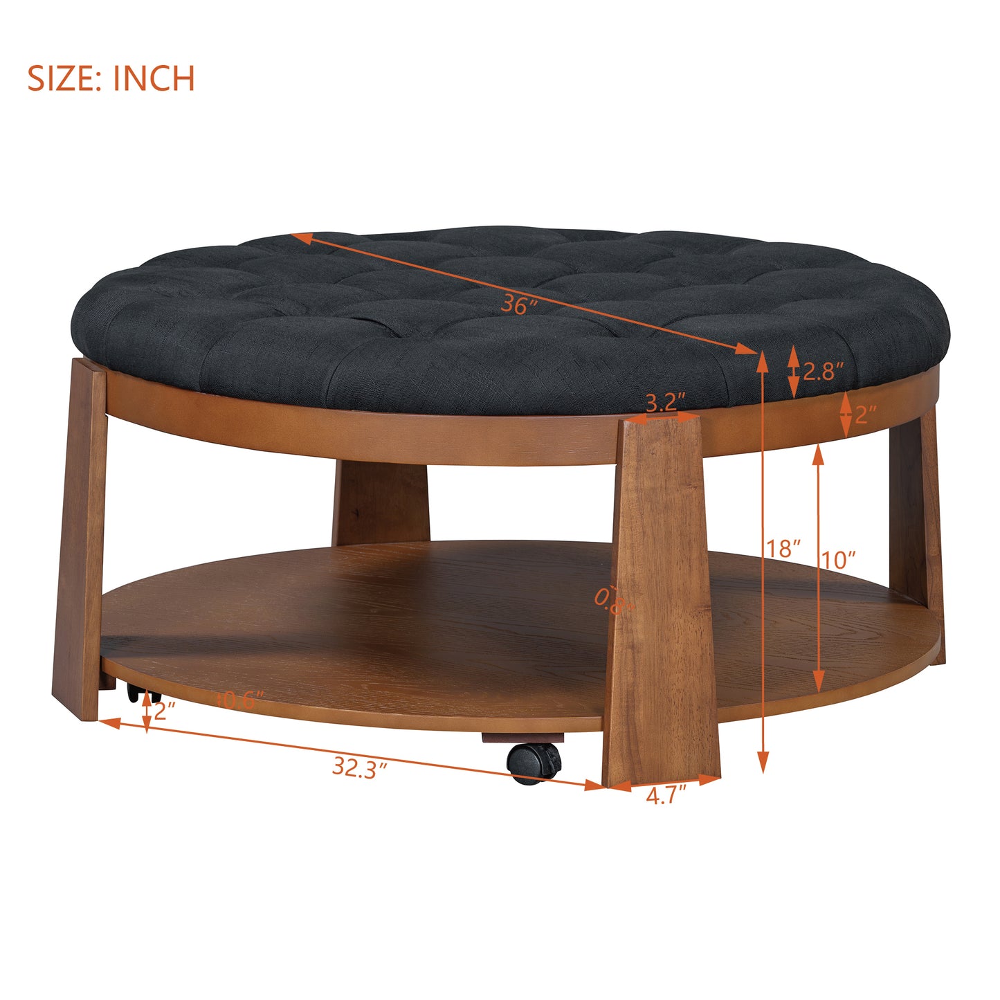 Modern Large Round Ottoman Coffee Table 2-Tier Oversized Button Tufted Ottoman with Wood Shelf Storage Upholstered Coffee Table for Living Room Footrest Ottoman with wheel, waterproof Linen