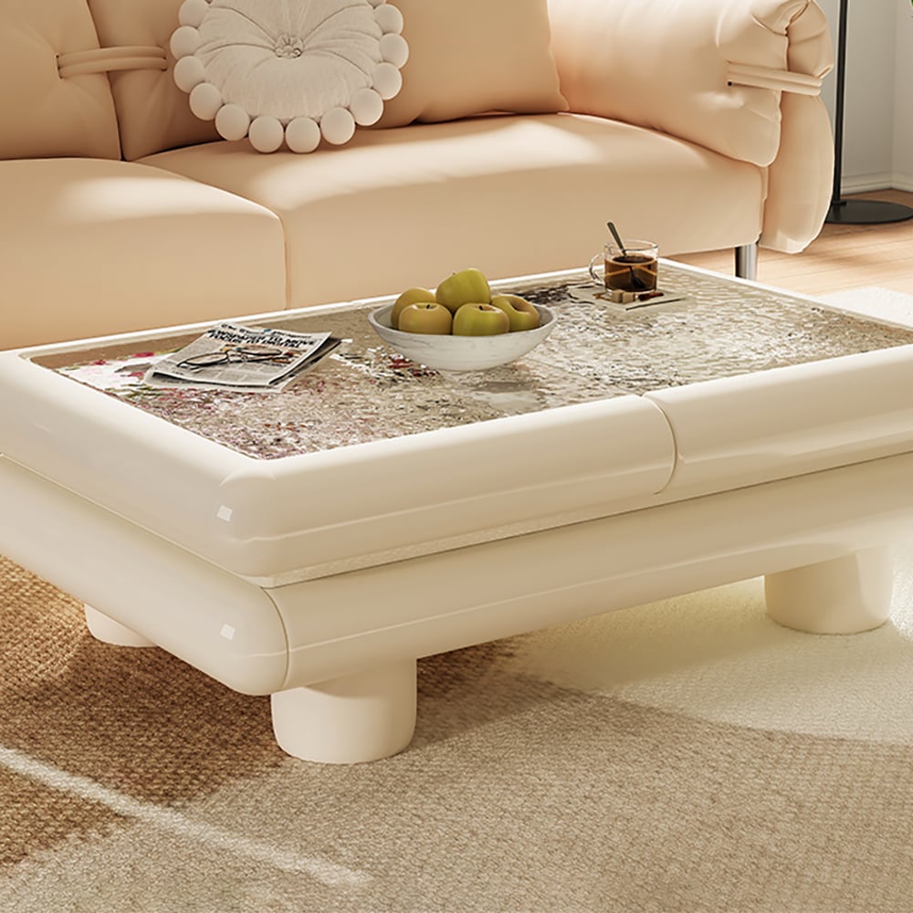 Clear & White Modern Multi-functional Large Coffee Table Extendable with Storage