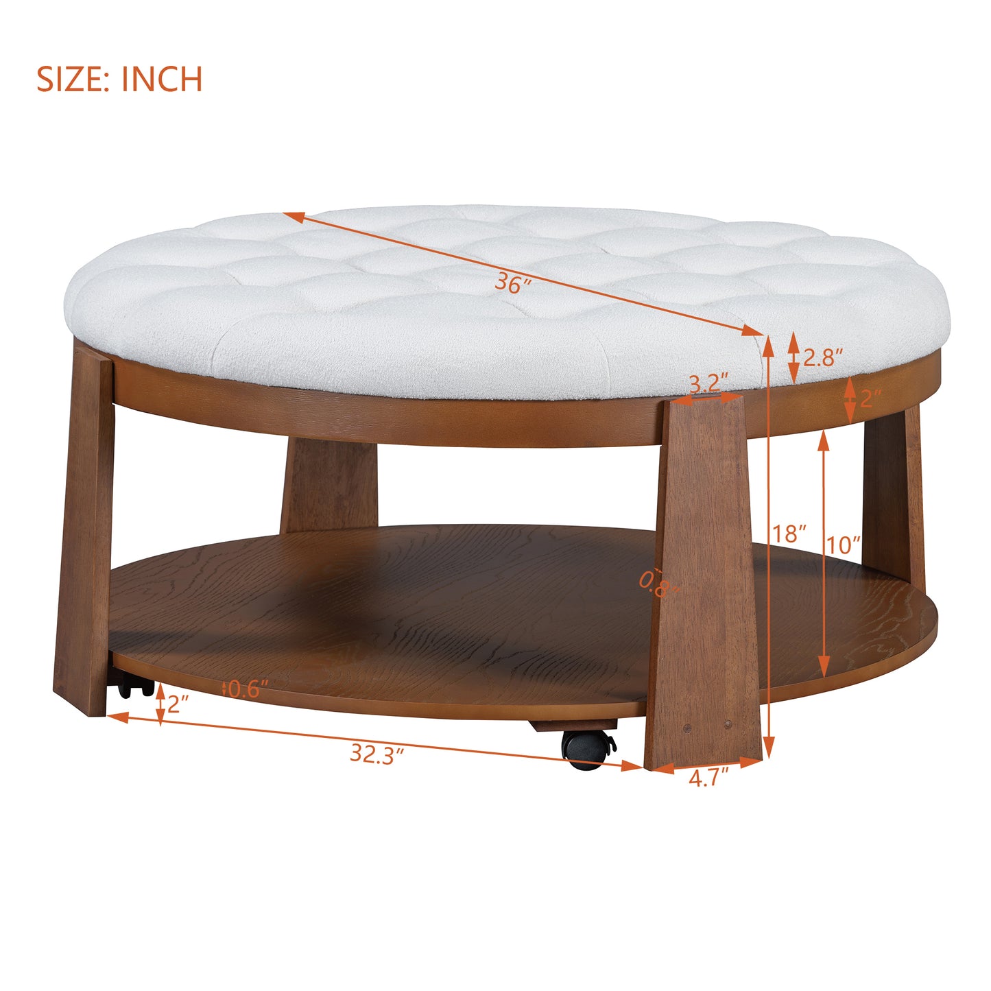 Modern Large Round Ottoman Coffee Table 2-Tier Oversized Button Tufted Ottoman with Wood Shelf Storage Upholstered Coffee Table for Living Room Footrest Ottoman with wheel, waterproof Linen