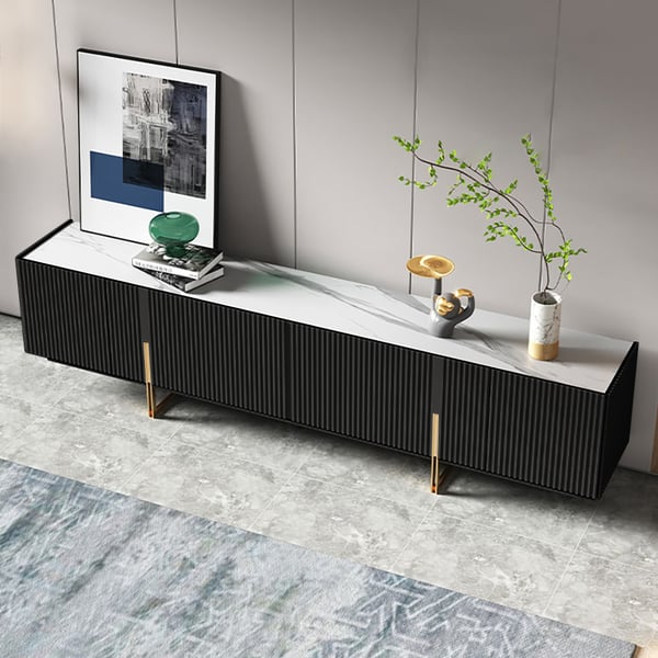 Minimalist 78.7 Inches Black TV Stand Stone Top Media Console 4 Doors 6 Shelves