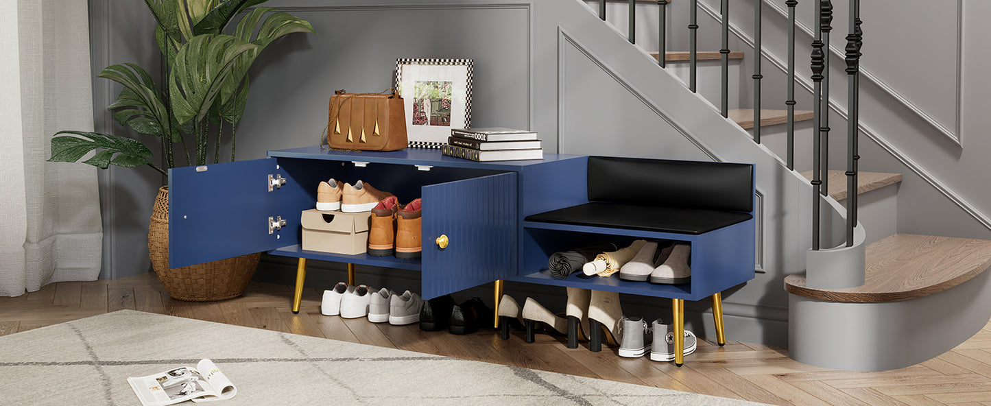 TREXM Modern Shoe Storage Bench with Hidden Storage and Upholstered Cushions for Bedside, Living Room and Entryway (Navy)